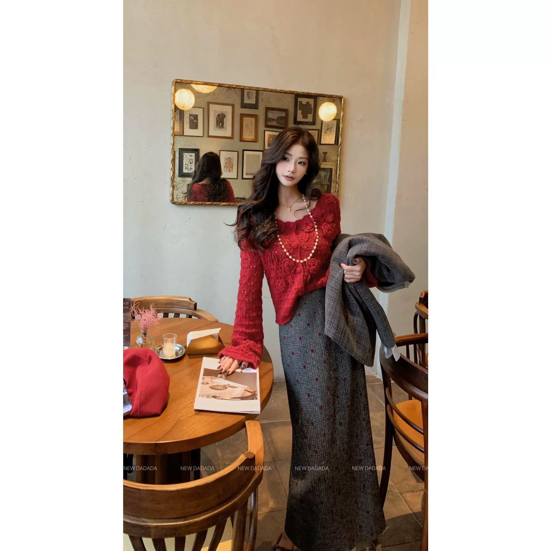 프랑스식 레트로 빨간색 3 차원 꽃 긴팔 니트 오픈 가디건 여성 가을 새로운 슬림해 보이는 다용도 스웨터 고급 센스 상세 이미지 2