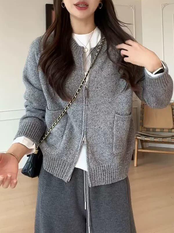 느긋한 바람 더블 지퍼 니트 오픈 가디건 여성 루즈핏 라운드 넥 스웨터 코트 느슨함 바람 맨위 루즈핏 종류 니트 스웨터 이미지 3