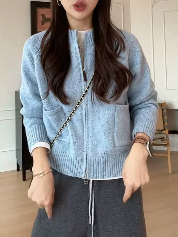 느긋한 바람 더블 지퍼 니트 오픈 가디건 여성 루즈핏 라운드 넥 스웨터 코트 느슨함 바람 맨위 루즈핏 종류 니트 스웨터 상세 이미지 12