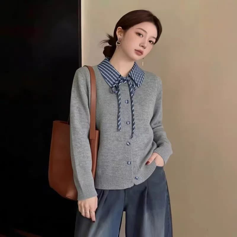 한 부서 고급 센스 체크무늬 패치워크 폴로 칼라 단추 니트 여성 코트 봄 가을 새로운 품격 다용도 슬림해 보이는 오픈 가디건 상세 이미지 5