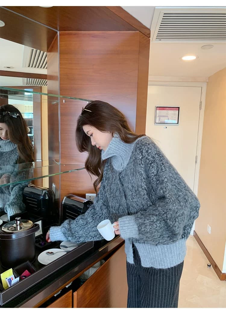 양모 가을 겨울 다용도 루즈핏 느긋한 바람 스웨터 코트 레트로 터틀넥 당겨서 털 오픈 가디건 상세 이미지 23