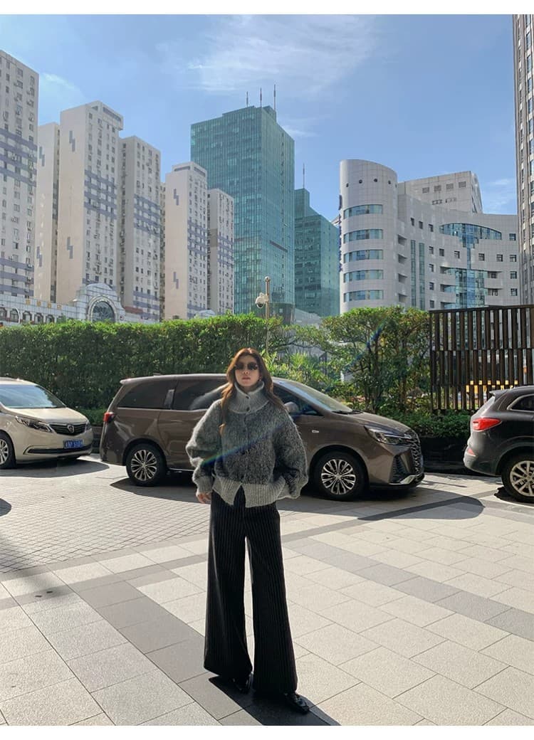 양모 가을 겨울 다용도 루즈핏 느긋한 바람 스웨터 코트 레트로 터틀넥 당겨서 털 오픈 가디건 상세 이미지 28