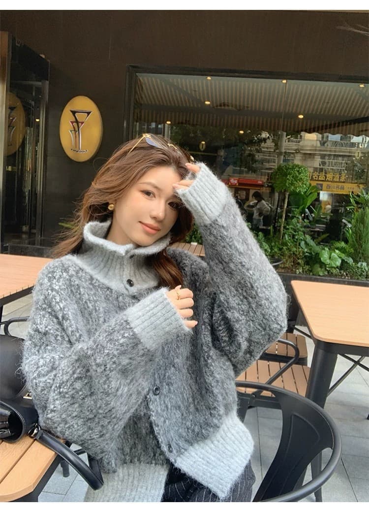양모 가을 겨울 다용도 루즈핏 느긋한 바람 스웨터 코트 레트로 터틀넥 당겨서 털 오픈 가디건 상세 이미지 30