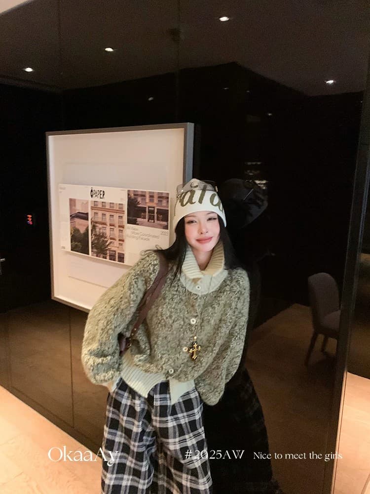 레트로 느긋한 바람 녹색 양모 니트 오픈 가디건 여성 가을 겨울철 새로운 두꺼운 루즈핏 터틀넥 스웨터 상세 이미지 26