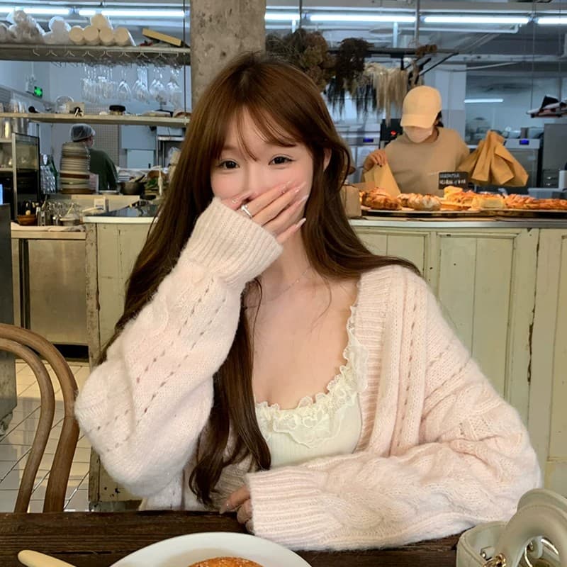 핑크색 꽈배기 니트 오픈 가디건 스웨터 여성 코트 가을 겨울 루즈핏 느긋한 맨위 이미지 2