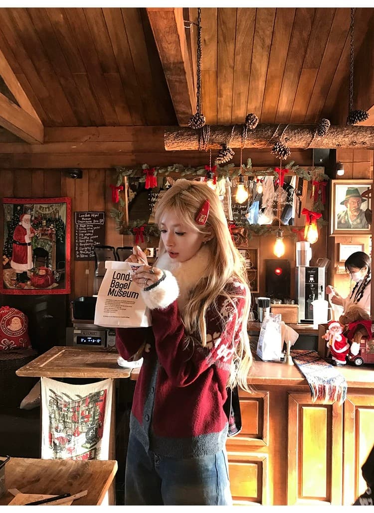 탈착식 모피 칼라 공정한 섬 빨간색 스웨터 코트 여성 뜨개질 오픈 가디건 맨위 상세 이미지 7