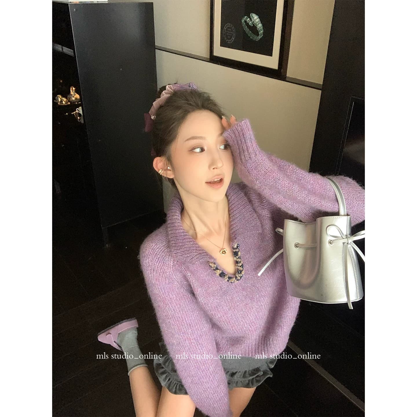 빛 요리 한 바람 품격 짜임 스팽글 폴로 칼라 스웨터 여자 가을 겨울 작은 대중 빛 럭셔리 부드러운 찹쌀 루즈핏 느긋한 니트 맨위 이미지 3