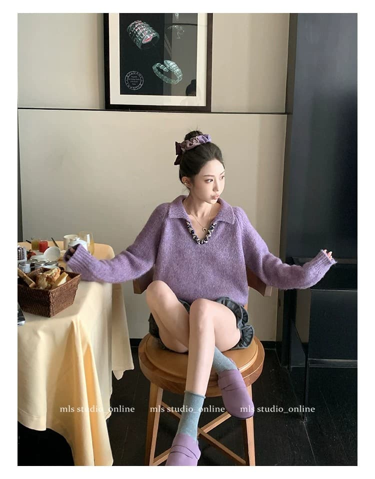 빛 요리 한 바람 품격 짜임 스팽글 폴로 칼라 스웨터 여자 가을 겨울 작은 대중 빛 럭셔리 부드러운 찹쌀 루즈핏 느긋한 니트 맨위 상세 이미지 2
