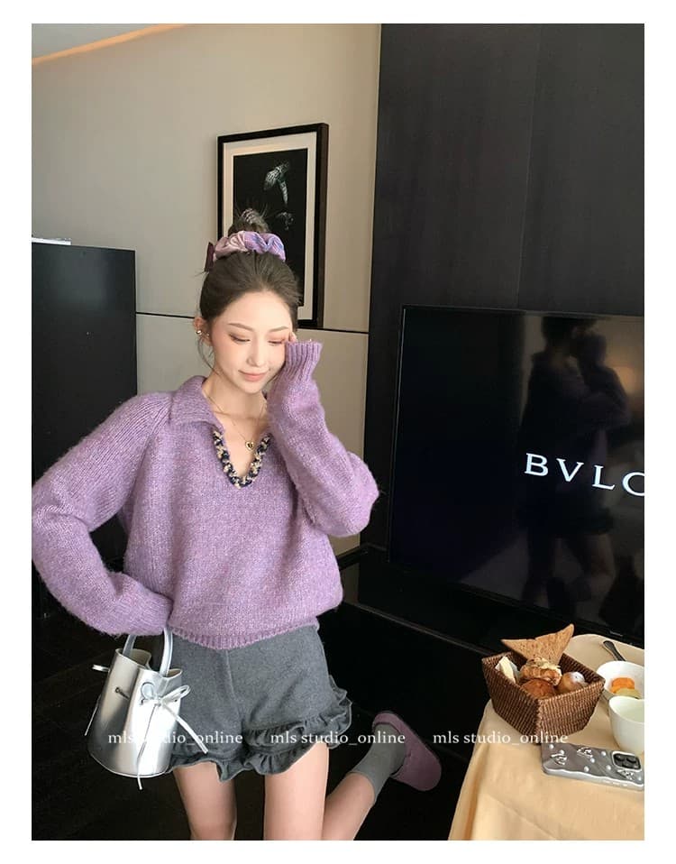 빛 요리 한 바람 품격 짜임 스팽글 폴로 칼라 스웨터 여자 가을 겨울 작은 대중 빛 럭셔리 부드러운 찹쌀 루즈핏 느긋한 니트 맨위 상세 이미지 5