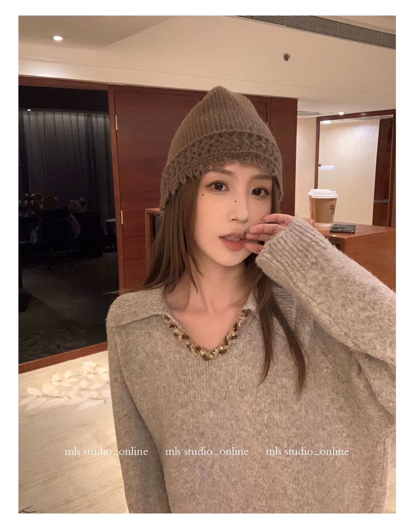 빛 요리 한 바람 품격 짜임 스팽글 폴로 칼라 스웨터 여자 가을 겨울 작은 대중 빛 럭셔리 부드러운 찹쌀 루즈핏 느긋한 니트 맨위 상세 이미지 9