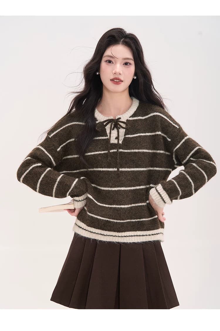 느긋한 바람 배색 스트라이프 레이스업 니트 스웨터 여성 가을 겨울철 새로운 라운드 넥 부드러운 찹쌀 스웨터 루즈핏 인사이드 잡아라. 의류 상세 이미지 15