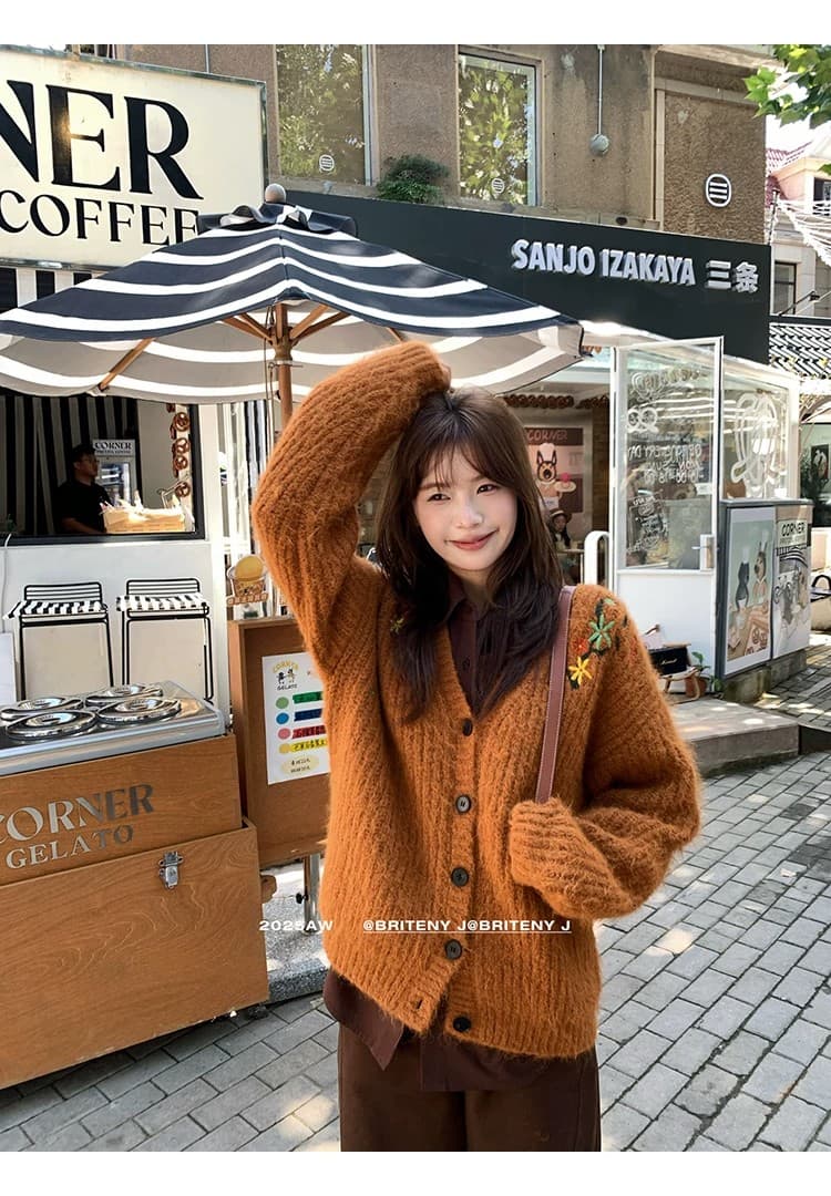 가을 겨울 새로운 반딧불 숲 높음 그램 무거운 플러시 센스 자수 스웨터 다용도 캐주얼 대 오픈 가디건 느긋한 니트 재킷 상세 이미지 2