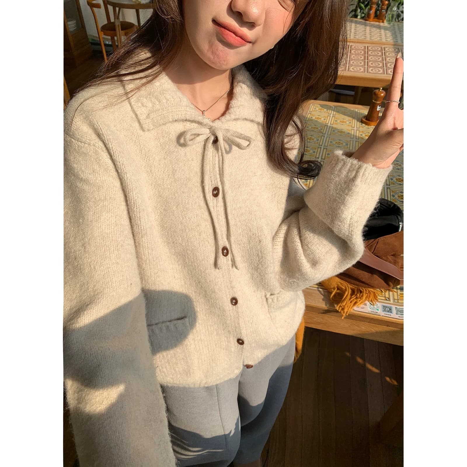 이른 가을 루즈핏 느긋한 부드러운 찹쌀 프로 피부 POLO 칼라 만나는 스웨터 여자 재킷 보온 긴팔 니트 오픈 가디건 맨위 이미지 5