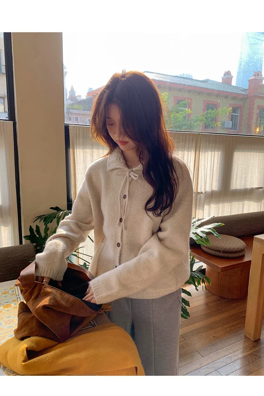 이른 가을 루즈핏 느긋한 부드러운 찹쌀 프로 피부 POLO 칼라 만나는 스웨터 여자 재킷 보온 긴팔 니트 오픈 가디건 맨위 상세 이미지 24