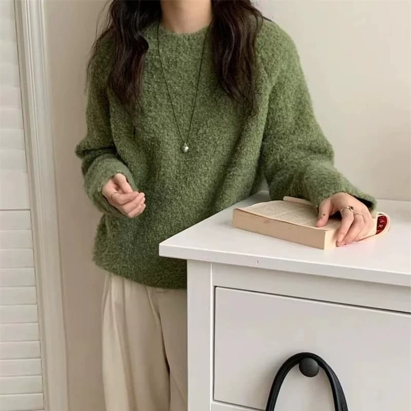 부드러운 바람 서클 실 단색 라운드 넥 풀오버 니트 스웨터 가을 겨울 새로운 루즈핏 느긋한 긴팔 부드러운 찹쌀 스웨터 여자 이미지 5