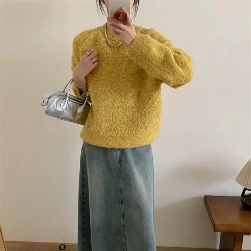 부드러운 바람 서클 실 단색 라운드 넥 풀오버 니트 스웨터 가을 겨울 새로운 루즈핏 느긋한 긴팔 부드러운 찹쌀 스웨터 여자 상세 이미지 3