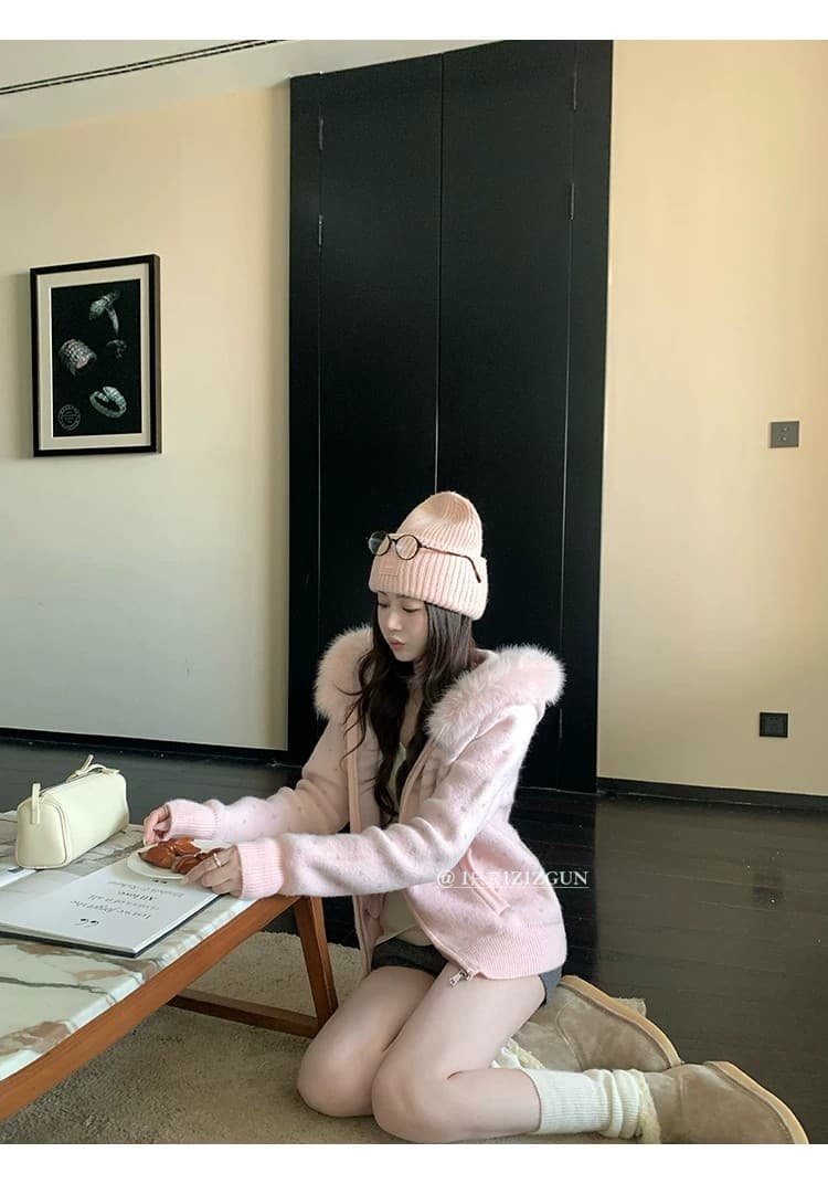 공정한 섬 느긋한 바람 작은 대중 후드 모피 칼라 지퍼 스웨터 코트 가을 겨울 새로운 레트로 품격 니트 오픈 가디건 상세 이미지 8