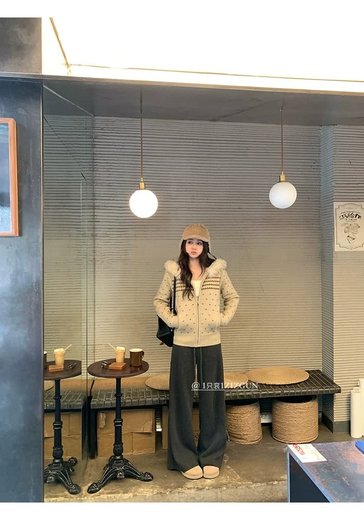 공정한 섬 느긋한 바람 작은 대중 후드 모피 칼라 지퍼 스웨터 코트 가을 겨울 새로운 레트로 품격 니트 오픈 가디건 상세 이미지 13
