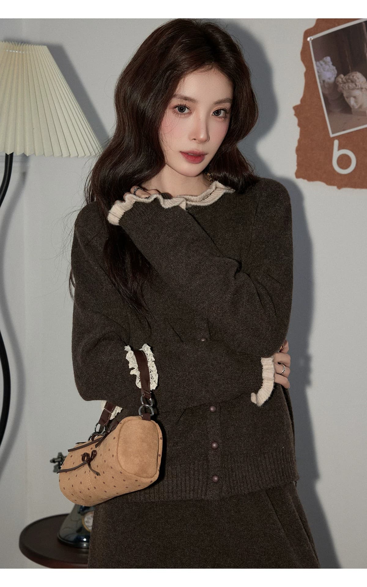 프랑스식 배색 프릴 니트 오픈 가디건 여성 가을 겨울 느긋한 디자인 센스 한 마디 반신 스커트 투피스 세트 상세 이미지 3