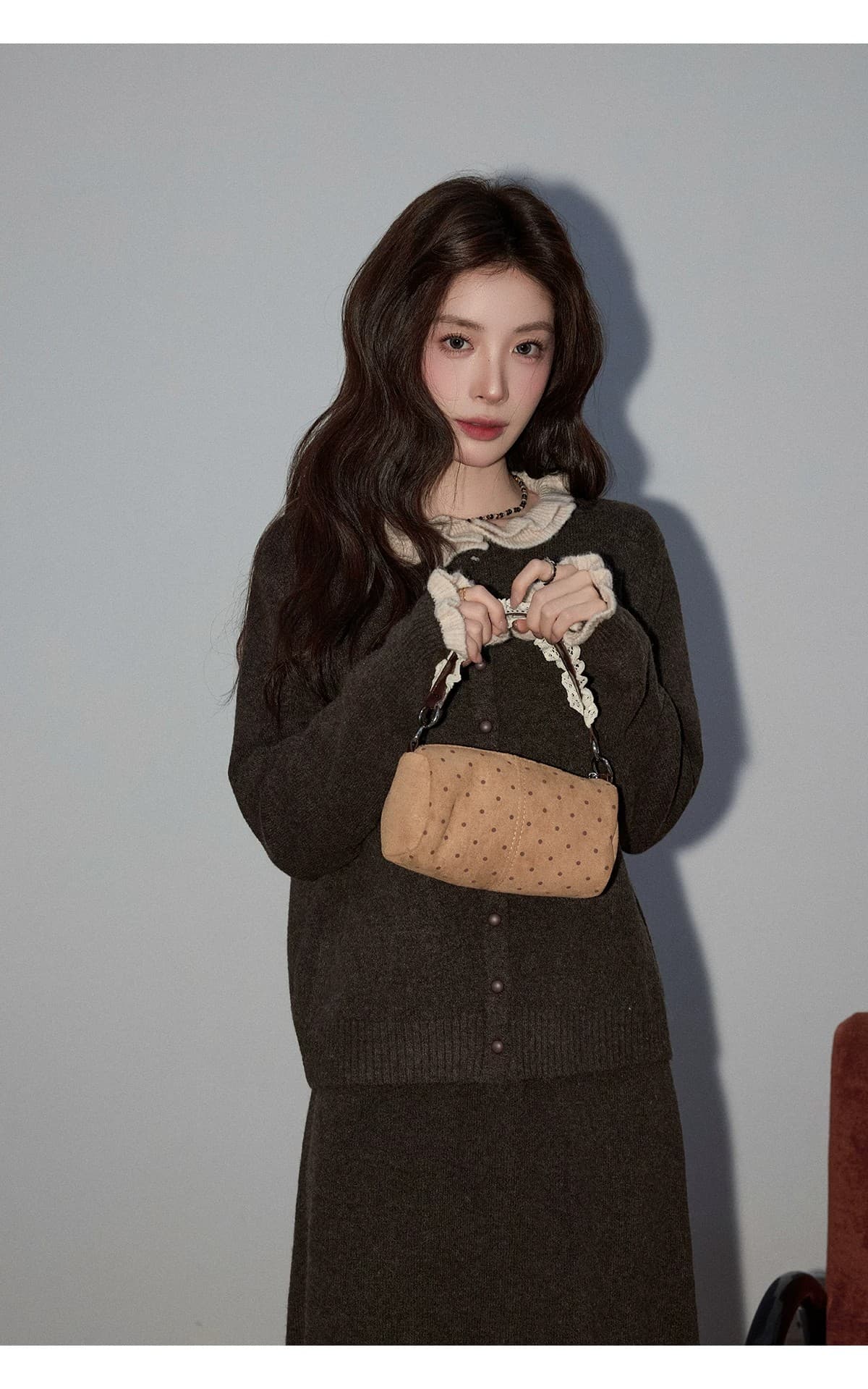 프랑스식 배색 프릴 니트 오픈 가디건 여성 가을 겨울 느긋한 디자인 센스 한 마디 반신 스커트 투피스 세트 상세 이미지 9