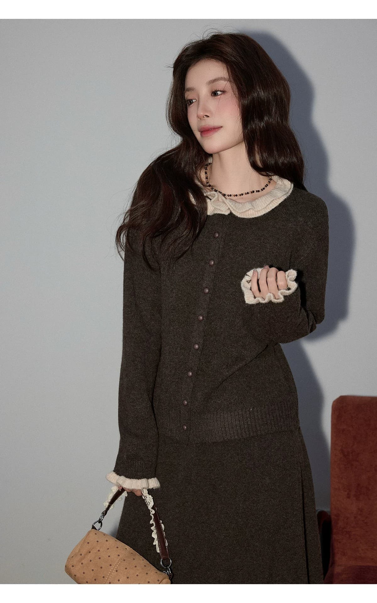 프랑스식 배색 프릴 니트 오픈 가디건 여성 가을 겨울 느긋한 디자인 센스 한 마디 반신 스커트 투피스 세트 상세 이미지 10