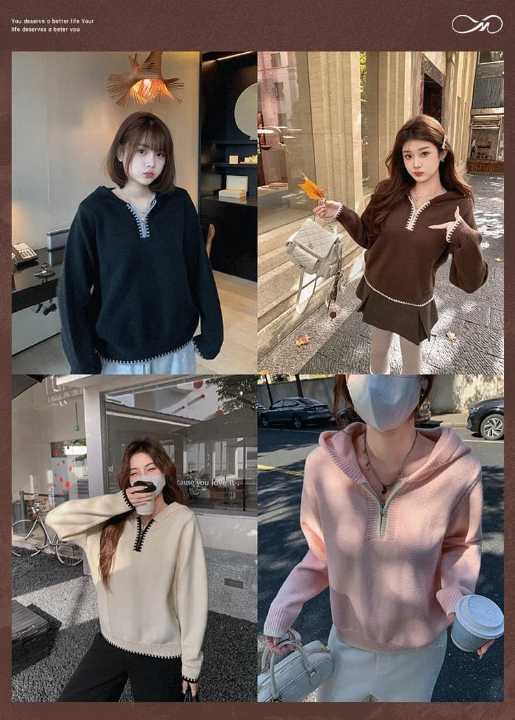 빅 사이즈 여성 의류 배색 자수 지퍼 후드 스웨터 겨울 마이크로 지방 mm 루즈핏 슬림해 보이는 니트 맨위 상세 이미지 1
