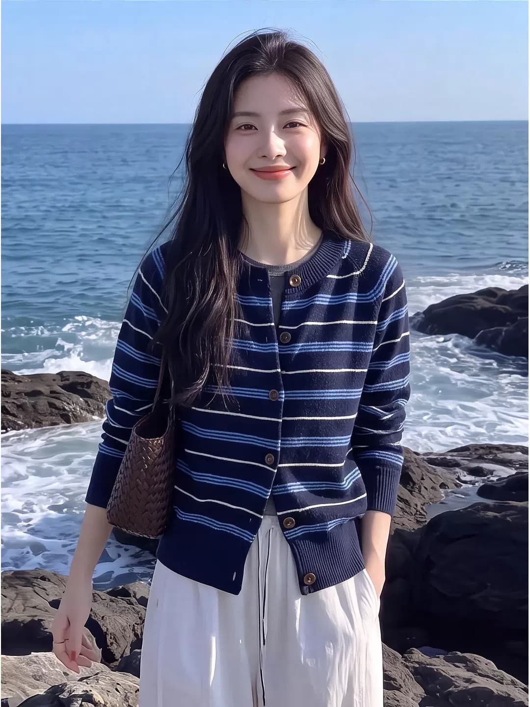 아메리칸 레트로 배색 스트라이프 니트 오픈 가디건 여성 이른 가을 2026 새로운 느슨함 센스 캐주얼 스웨터 코트 맨위 이미지 2