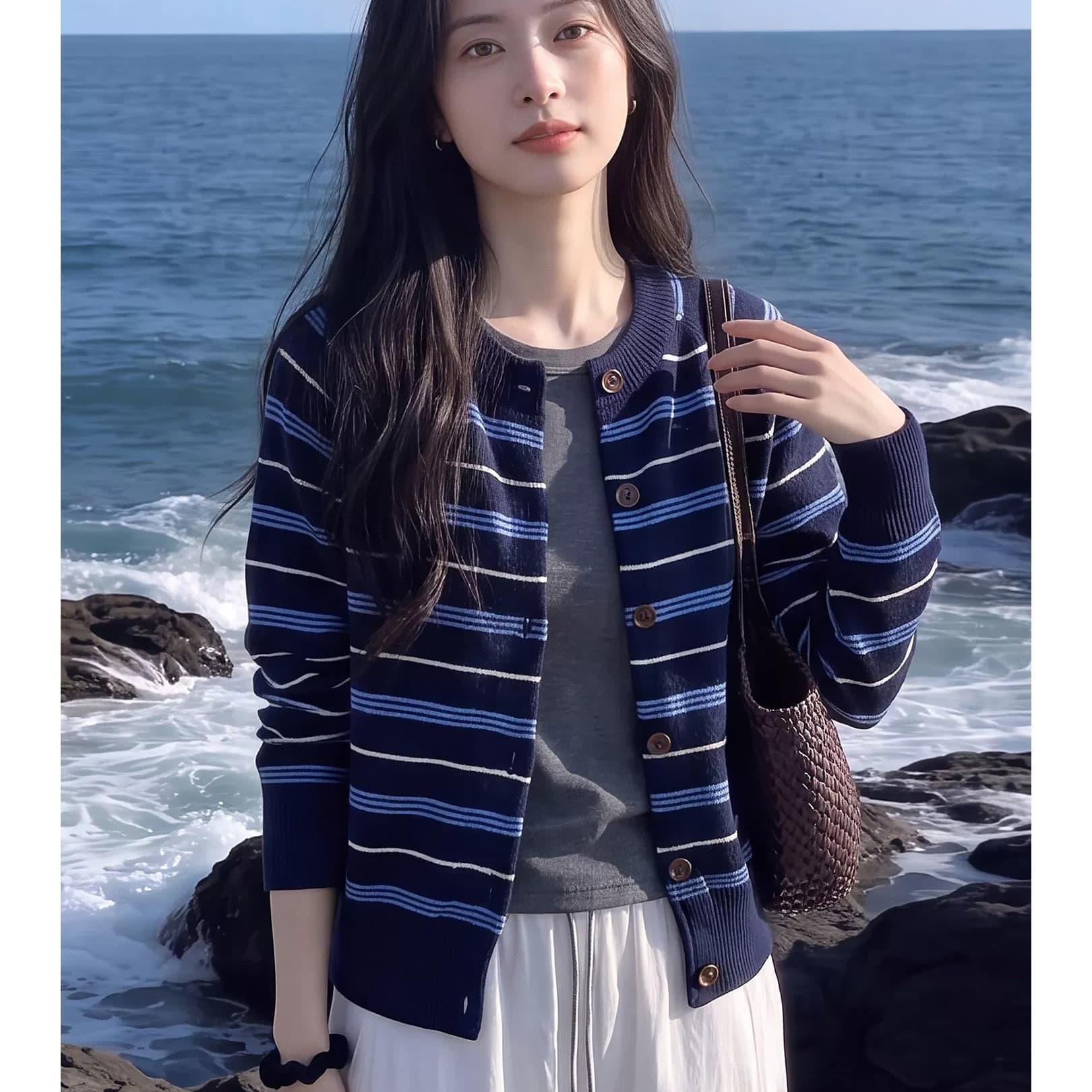 아메리칸 레트로 배색 스트라이프 니트 오픈 가디건 여성 이른 가을 2026 새로운 느슨함 센스 캐주얼 스웨터 코트 맨위 이미지 5