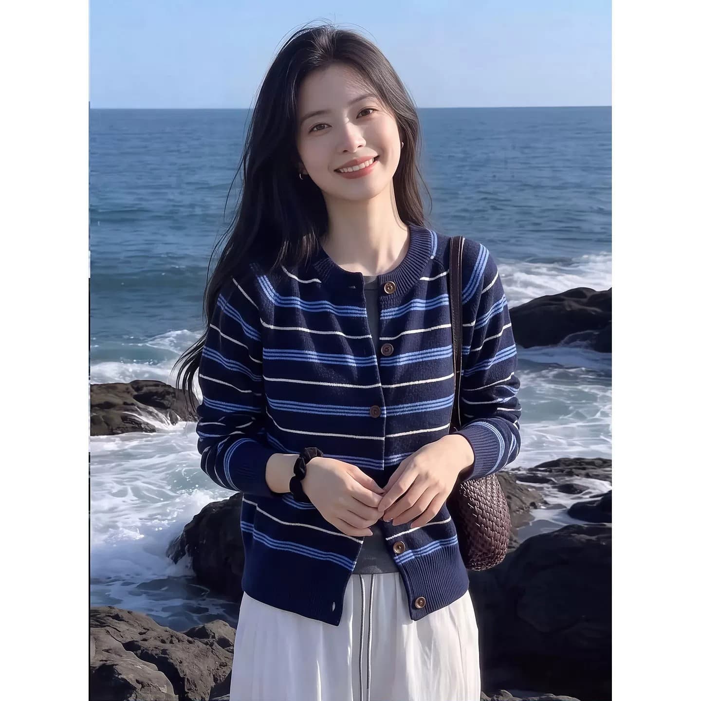 아메리칸 레트로 배색 스트라이프 니트 오픈 가디건 여성 이른 가을 2026 새로운 느슨함 센스 캐주얼 스웨터 코트 맨위 상세 이미지 4
