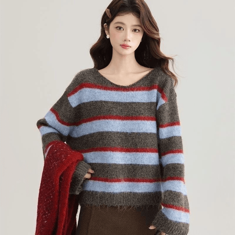 한 부서 배색 스트라이프 스웨터 가을 겨울 새로운 여성 의류 느긋한 바람 느슨함 센스 부드러운 찹쌀 풀오버 니트 스웨터 맨위 트렌디 상세 이미지 3