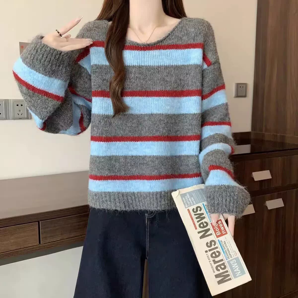 한 부서 배색 스트라이프 스웨터 가을 겨울 새로운 여성 의류 느긋한 바람 느슨함 센스 부드러운 찹쌀 풀오버 니트 스웨터 맨위 트렌디 상세 이미지 6