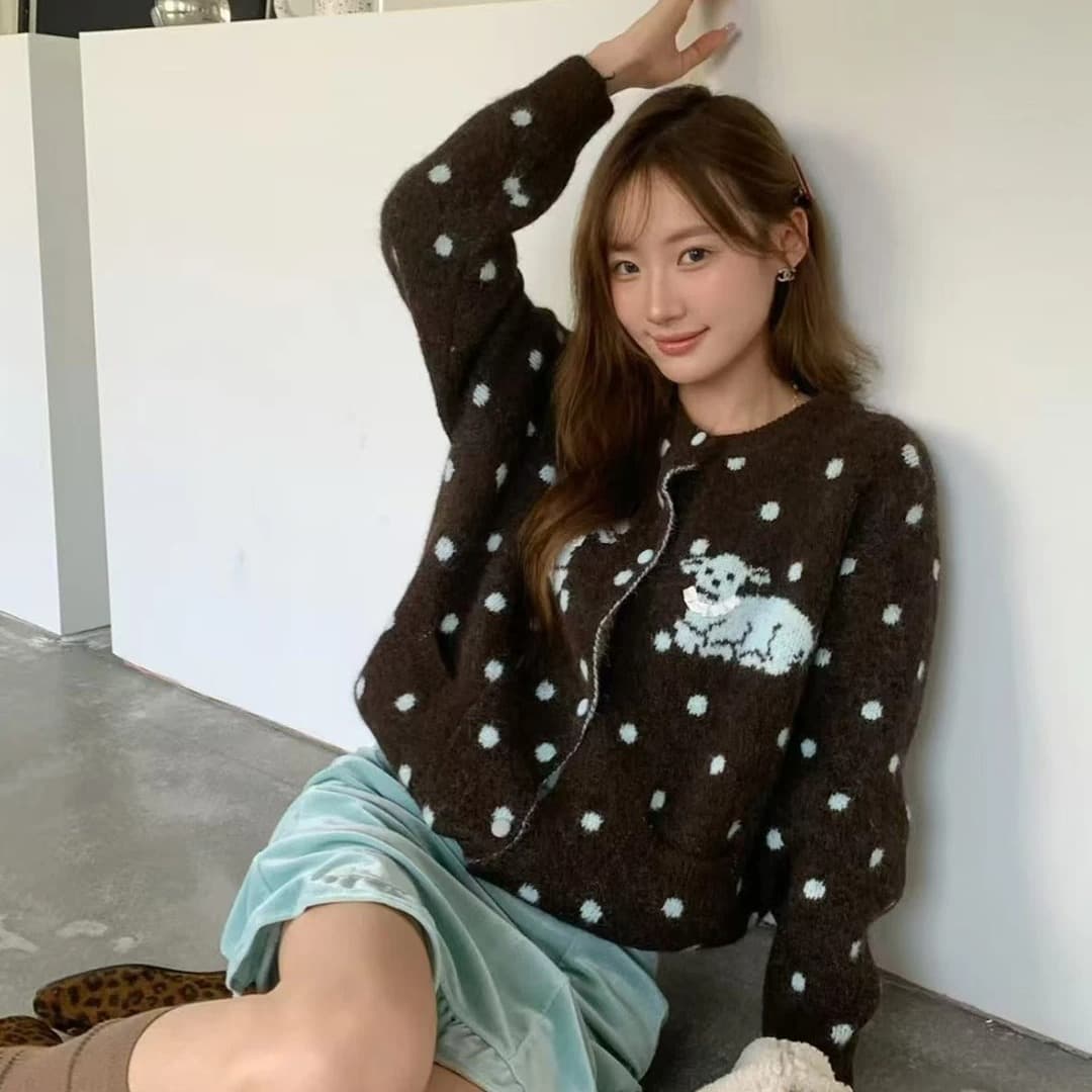 느긋한 바람 레트로 도트 무늬 어린 양 자카드 니트 오픈 가디건 여성 가을 새로운 빅 사이즈 루즈핏 스웨터 코트 맨위 이미지 5
