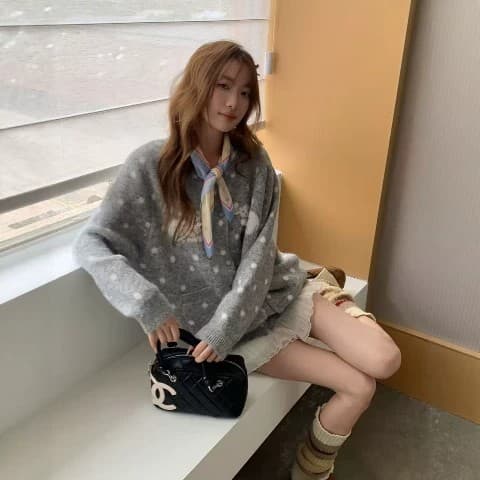 느긋한 바람 레트로 도트 무늬 어린 양 자카드 니트 오픈 가디건 여성 가을 새로운 빅 사이즈 루즈핏 스웨터 코트 맨위 상세 이미지 12