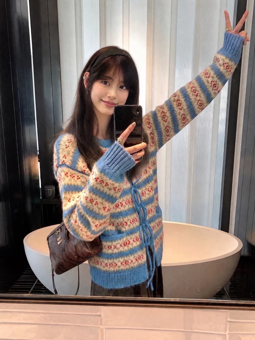 일상 레포 섹션 니트 오픈 가디건 여성 레트로 자카드 스트라이프 레이스업 이른 가을 분위기 센스 재킷 상세 이미지 4