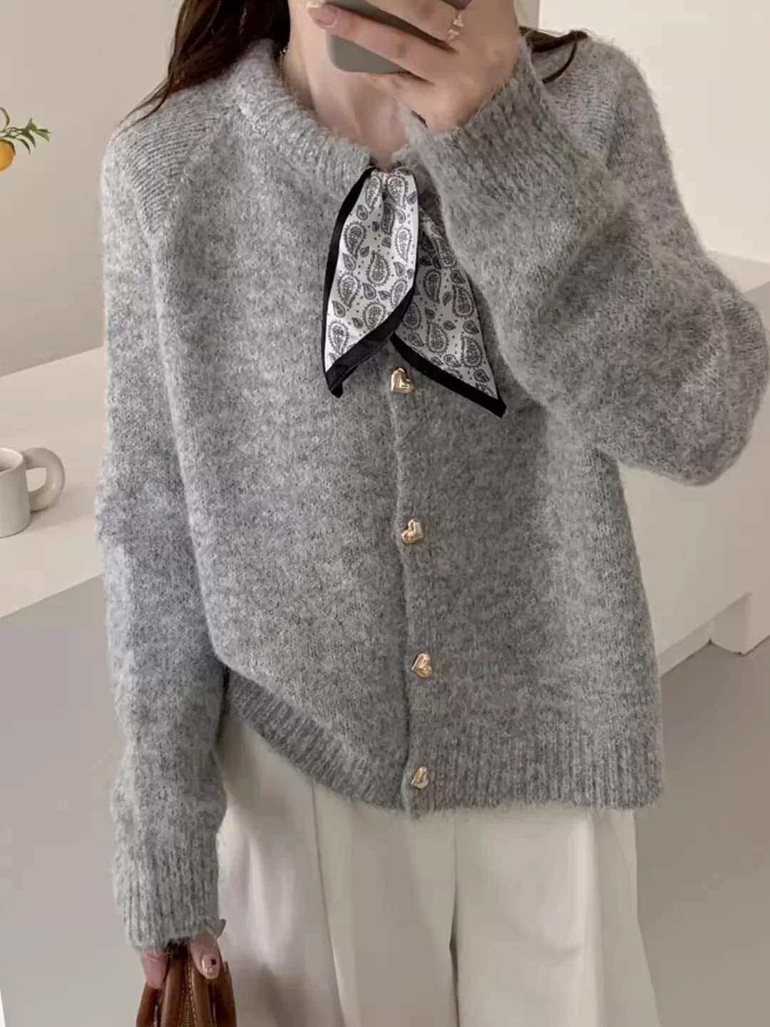 나비 넥타이 니트 오픈 가디건 여성 가을 겨울 새로운 한국 스타일 루즈핏 슬림해 보이는 스웨터 코트 디자인 센스 작은 대중 맨위 다용도 이미지 4