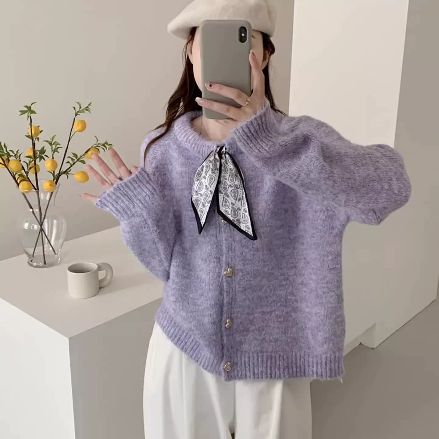 나비 넥타이 니트 오픈 가디건 여성 가을 겨울 새로운 한국 스타일 루즈핏 슬림해 보이는 스웨터 코트 디자인 센스 작은 대중 맨위 다용도 상세 이미지 3