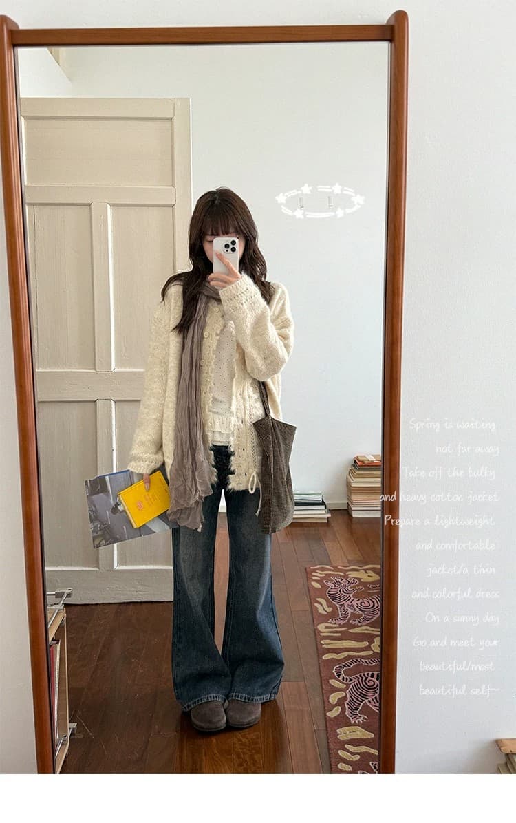 우유 토끼 행성 직접 만든 플리스 홀로우 아웃 펌프 로프 방랑 스웨터 오픈 가디건 여성 코트 루즈핏 느긋한 니트 맨위 상세 이미지 11