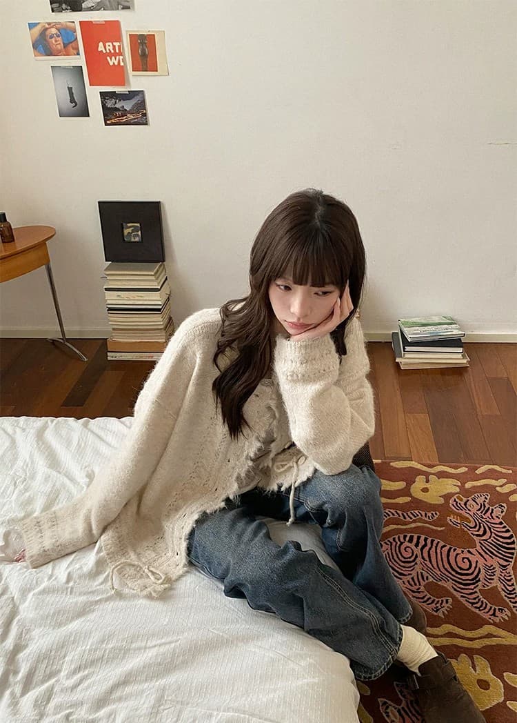 우유 토끼 행성 직접 만든 플리스 홀로우 아웃 펌프 로프 방랑 스웨터 오픈 가디건 여성 코트 루즈핏 느긋한 니트 맨위 상세 이미지 16
