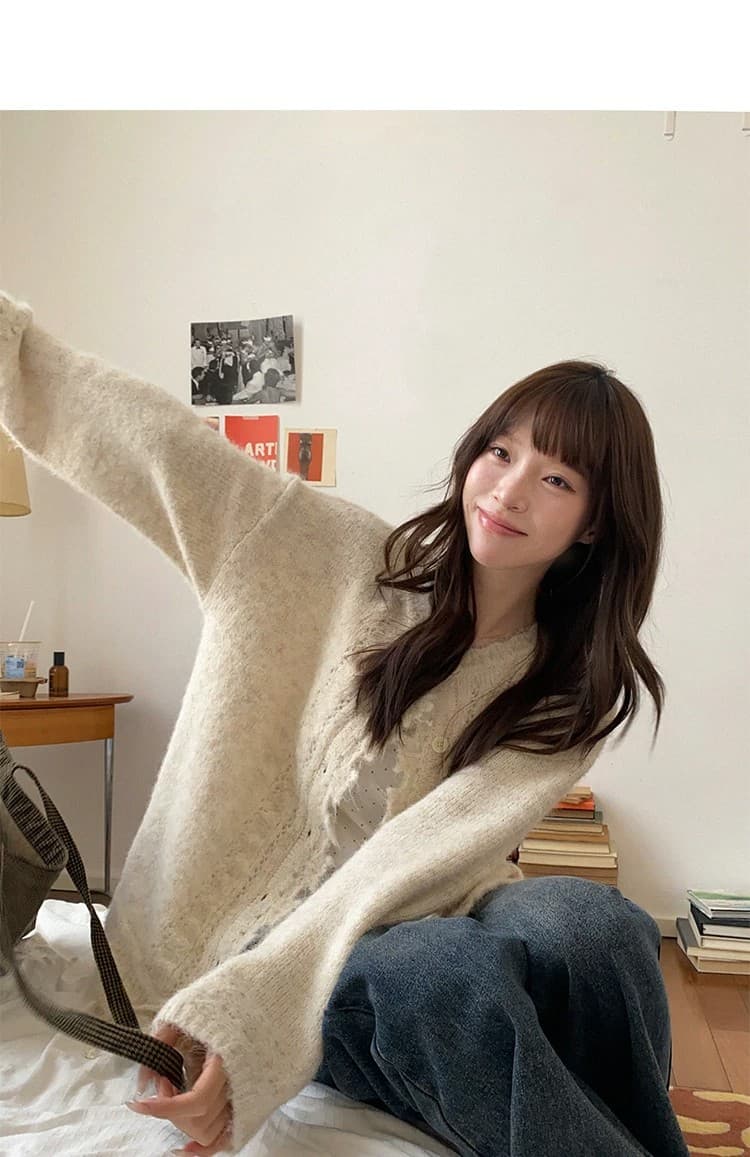우유 토끼 행성 직접 만든 플리스 홀로우 아웃 펌프 로프 방랑 스웨터 오픈 가디건 여성 코트 루즈핏 느긋한 니트 맨위 상세 이미지 37