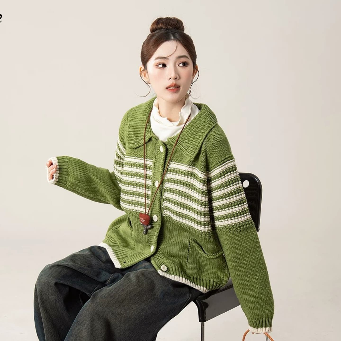 2026 한 부서 봄 가을 고급 센스 착용 가져 가라. 쉽지 않음 올린 사람 : 공 니트 오픈 가디건 여성 폴로 칼라 스트라이프 두꺼운 바늘 스웨터 이미지 2