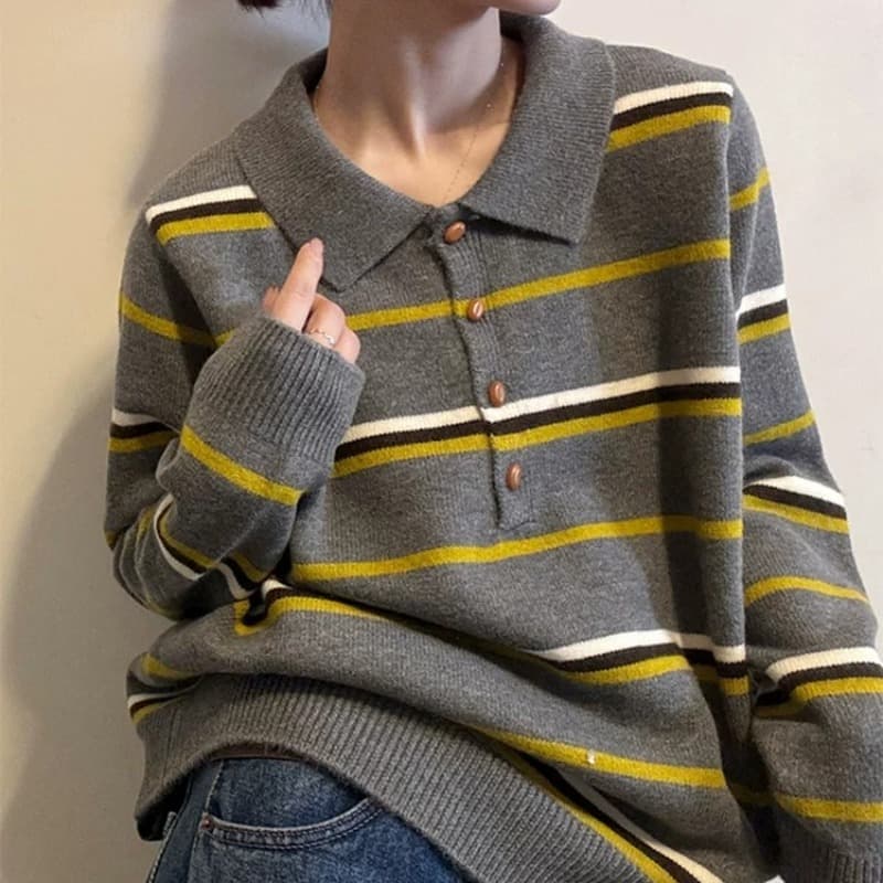 캐주얼 미니멀리즘 레트로 배색 스트라이프 V넥 다용도 셔츠 여성 가을 긴팔 부드러운 찹쌀 편안함 출퇴근 다용도 맨위 이미지 5