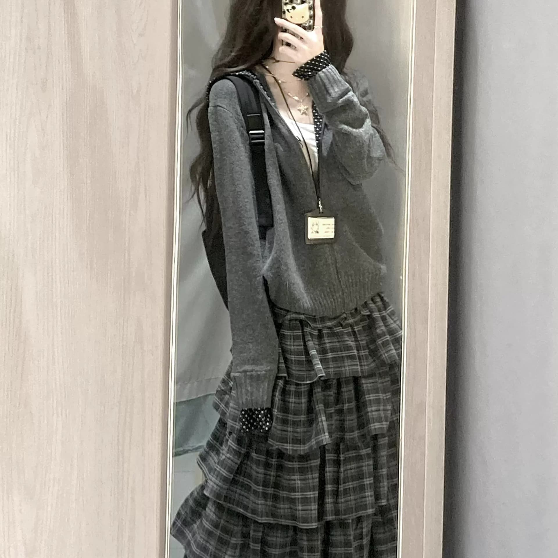 아메리칸 느긋한 학원 스타일 회색 도트 무늬 후드 스웨터 오픈 가디건 여성 가을 겨울 루즈핏 외출용 니트 재킷 맨위 이미지 2