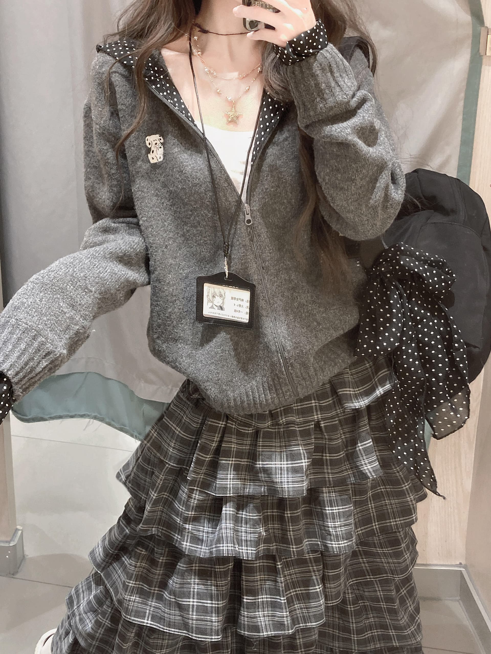 아메리칸 느긋한 학원 스타일 회색 도트 무늬 후드 스웨터 오픈 가디건 여성 가을 겨울 루즈핏 외출용 니트 재킷 맨위 상세 이미지 1