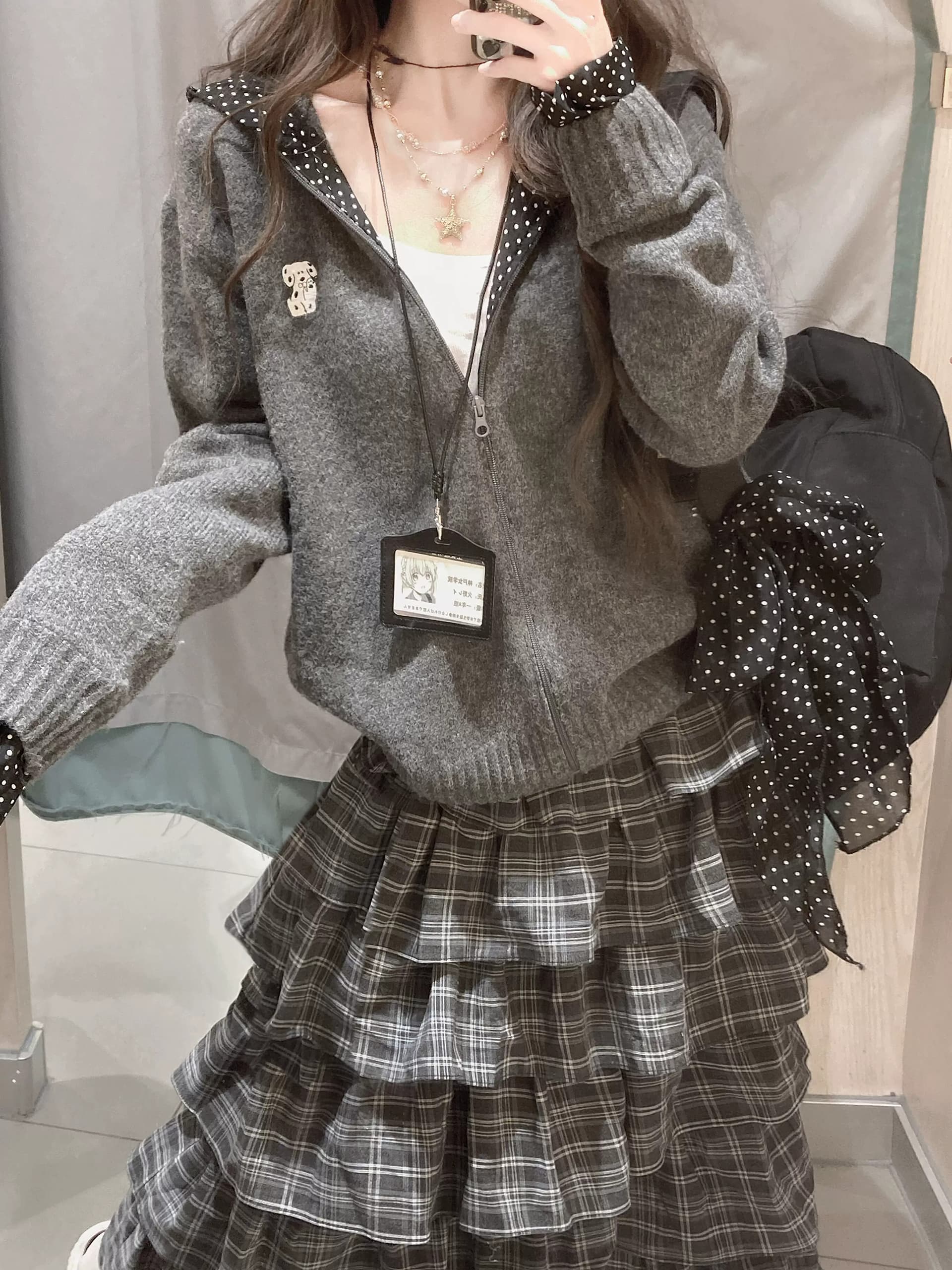 아메리칸 느긋한 학원 스타일 회색 도트 무늬 후드 스웨터 오픈 가디건 여성 가을 겨울 루즈핏 외출용 니트 재킷 맨위 상세 이미지 4