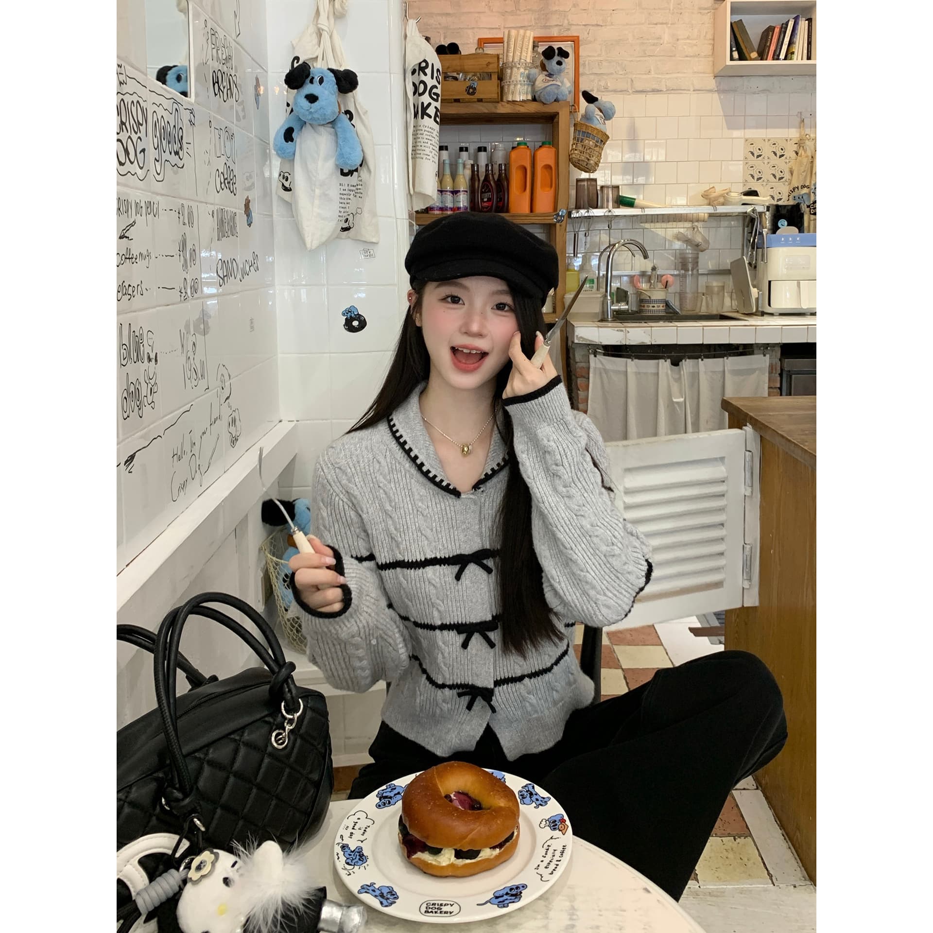 케이크를 잘라 직접 만든 작은 키 가을 겨울 새로운 회색 맨위 여성 디자인 센스 나비 매듭 달콤함 패치워크 오픈 가디건 스웨터 이미지 5