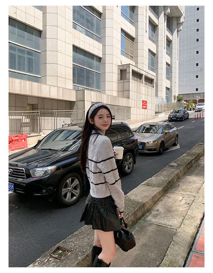 케이크를 잘라 직접 만든 작은 키 가을 겨울 새로운 회색 맨위 여성 디자인 센스 나비 매듭 달콤함 패치워크 오픈 가디건 스웨터 상세 이미지 15
