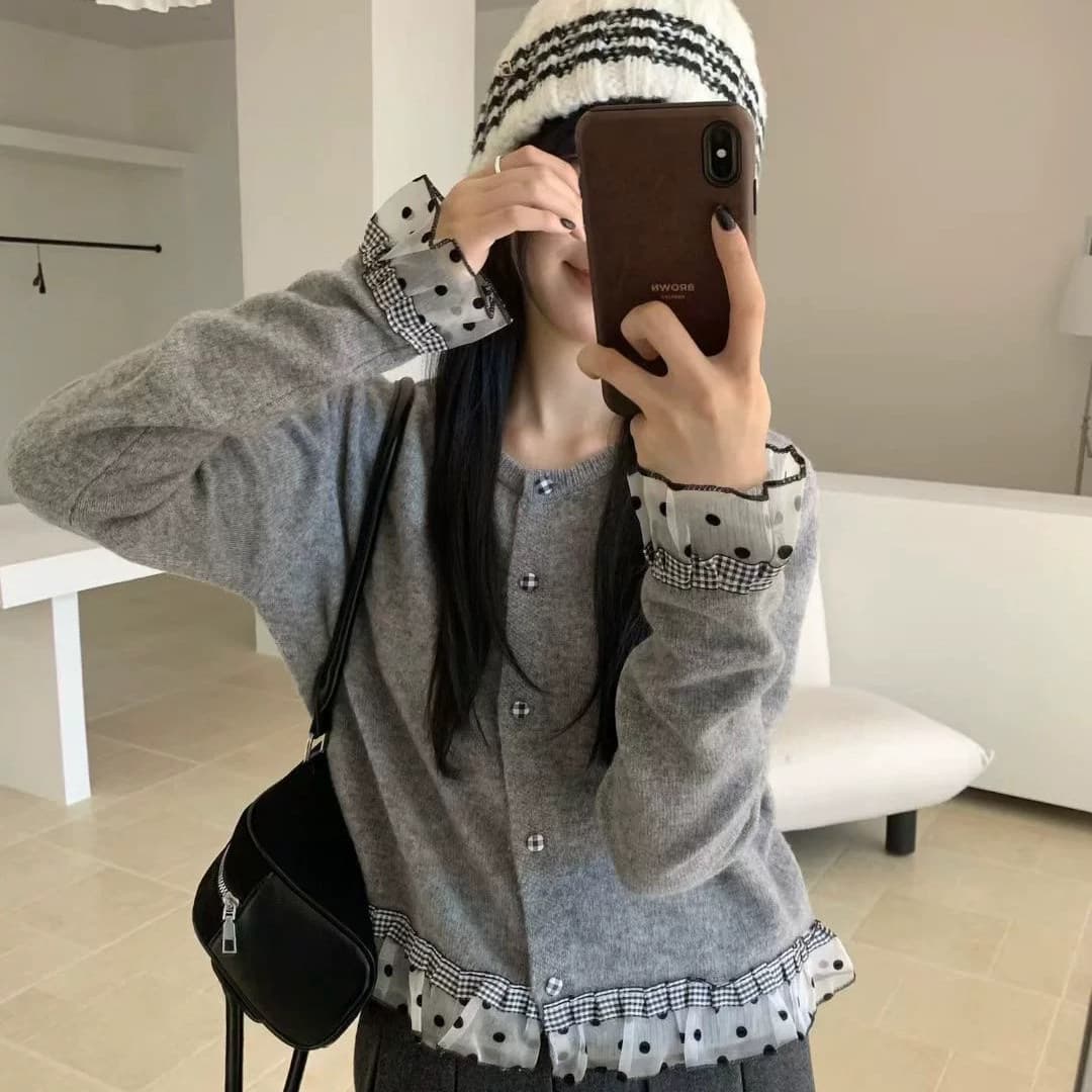 한 부서 달콤함 레이스 패치워크 색상 스웨터 여자 니트 스웨터 오픈 가디건 가을 겨울 루즈핏 느긋한 바람 품격 쇼트 스타일 맨위 이미지 3