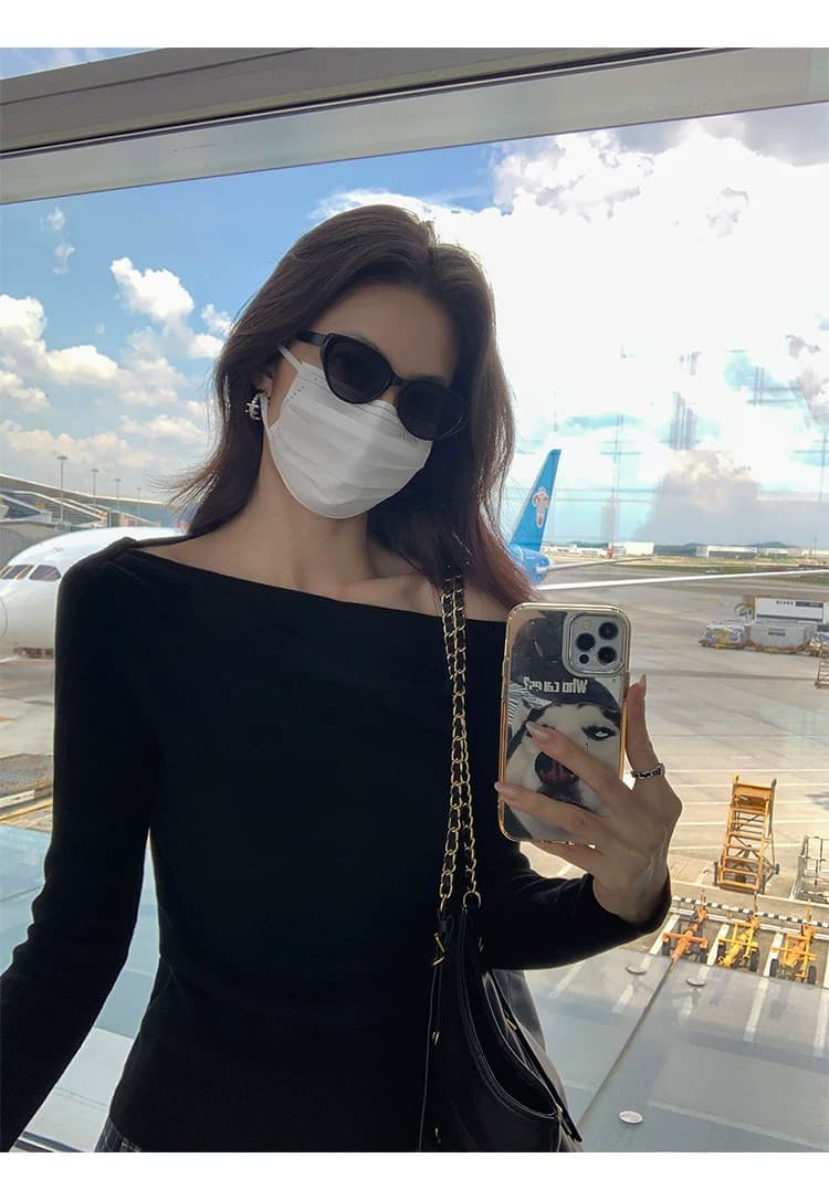 2026 주름 비스듬한 오프숄더 섹시함 긴팔 여성 봄 가을 몸매 가꾸기 슬림해 보이는 인사이드 가져 가라. 기본 셔츠 신년 빨간색 맨위 상세 이미지 31