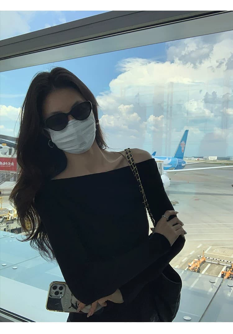 2026 주름 비스듬한 오프숄더 섹시함 긴팔 여성 봄 가을 몸매 가꾸기 슬림해 보이는 인사이드 가져 가라. 기본 셔츠 신년 빨간색 맨위 상세 이미지 34