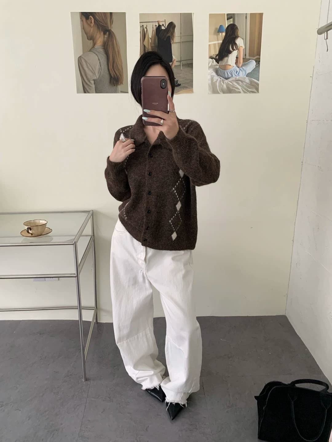 미니멀리즘 회색 조정 다이아몬드 모양 자카드 폴로 칼라 니트 스웨터 품격 와이드 부드러운 찹쌀 레트로 쇼트 스타일 오픈 가디건 맨위 여성 상세 이미지 18
